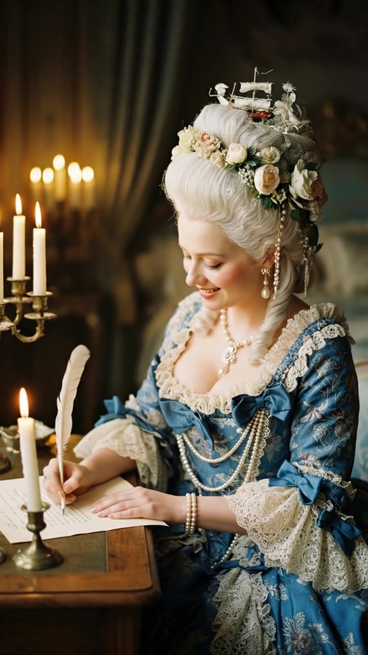 writing a love letter by candlelight, smiling, face illuminated by candlelight