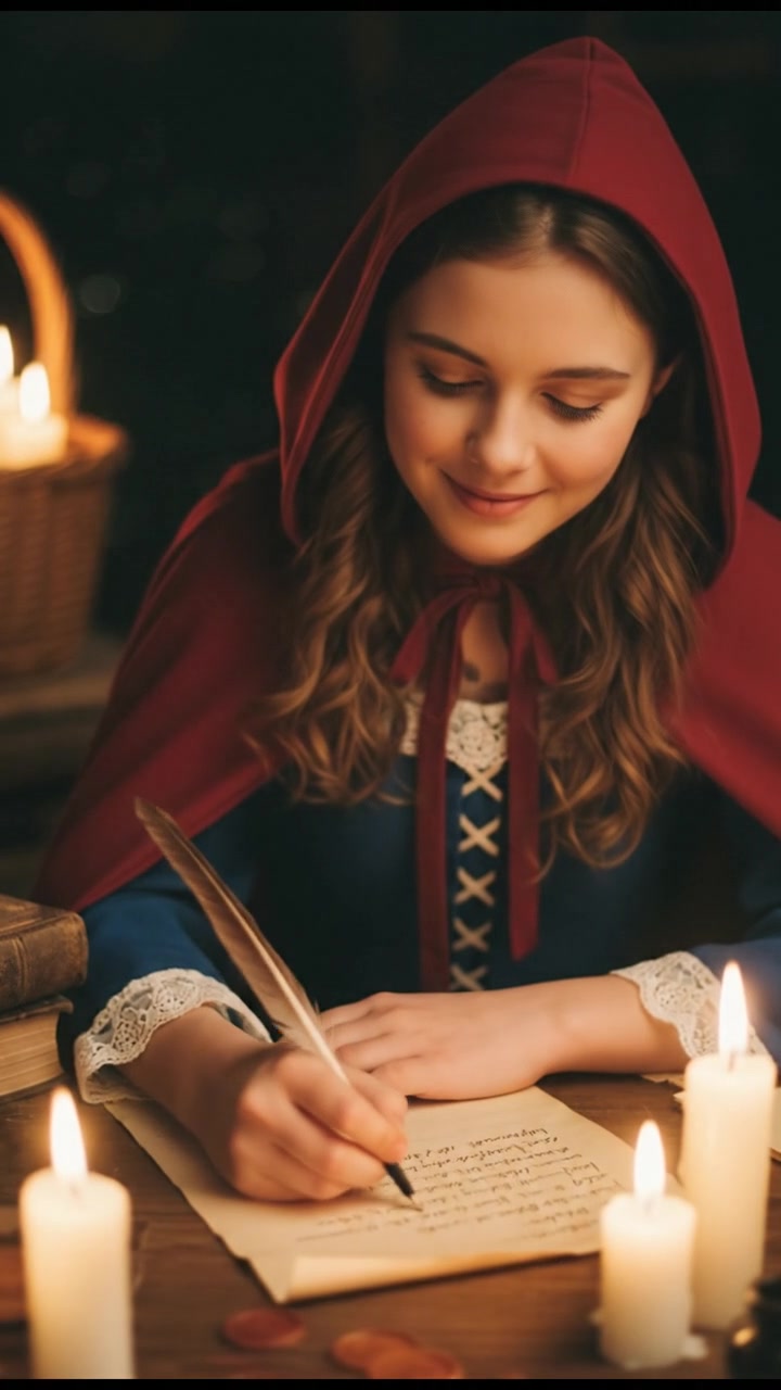writing a love letter by candlelight, smiling, face illuminated by candlelight