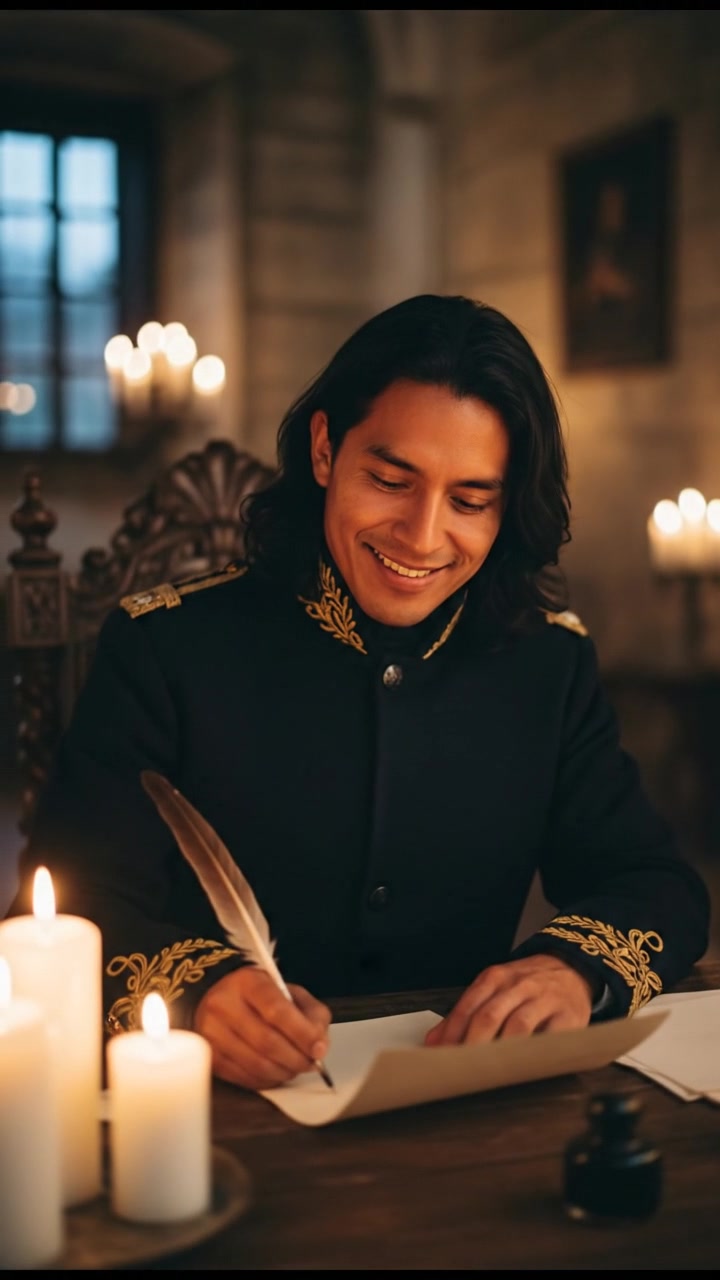 writing a love letter by candlelight, smiling, face illuminated by candlelight