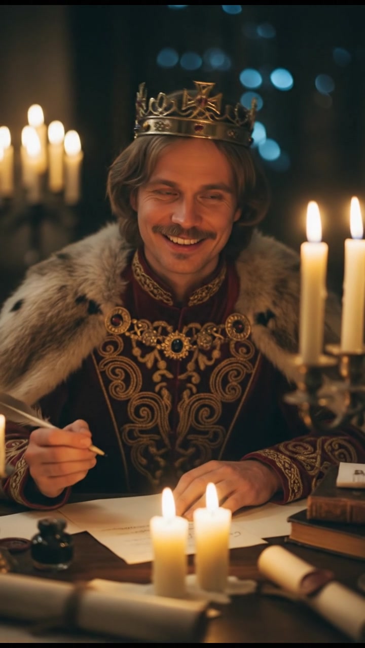 writing a love letter by candlelight, smiling, face illuminated by candlelight