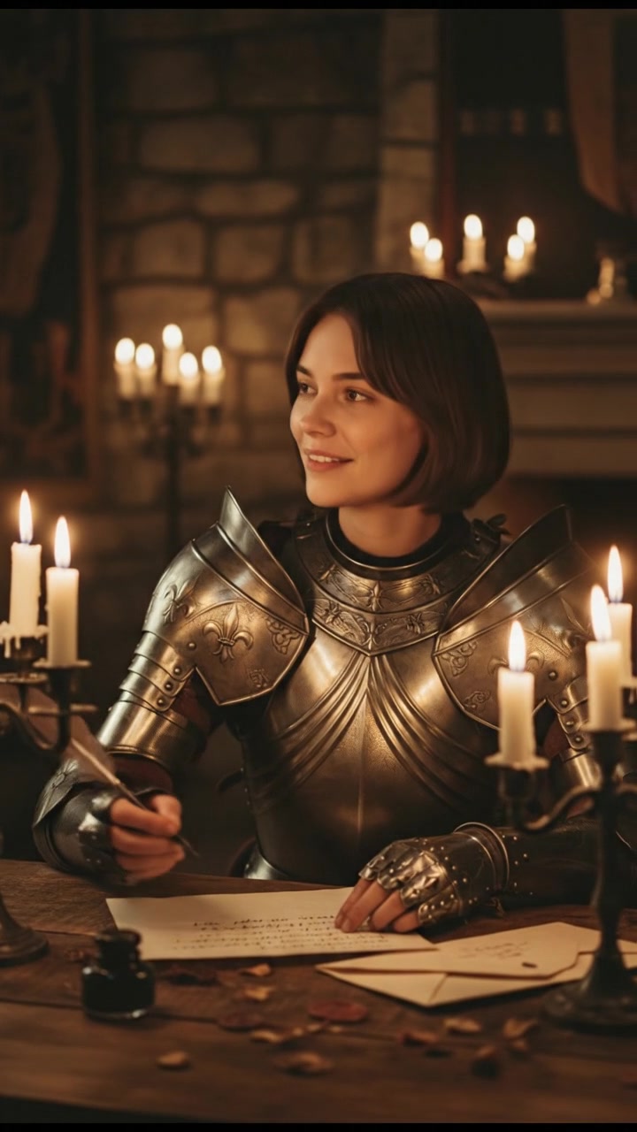 writing a love letter by candlelight, smiling, face illuminated by candlelight