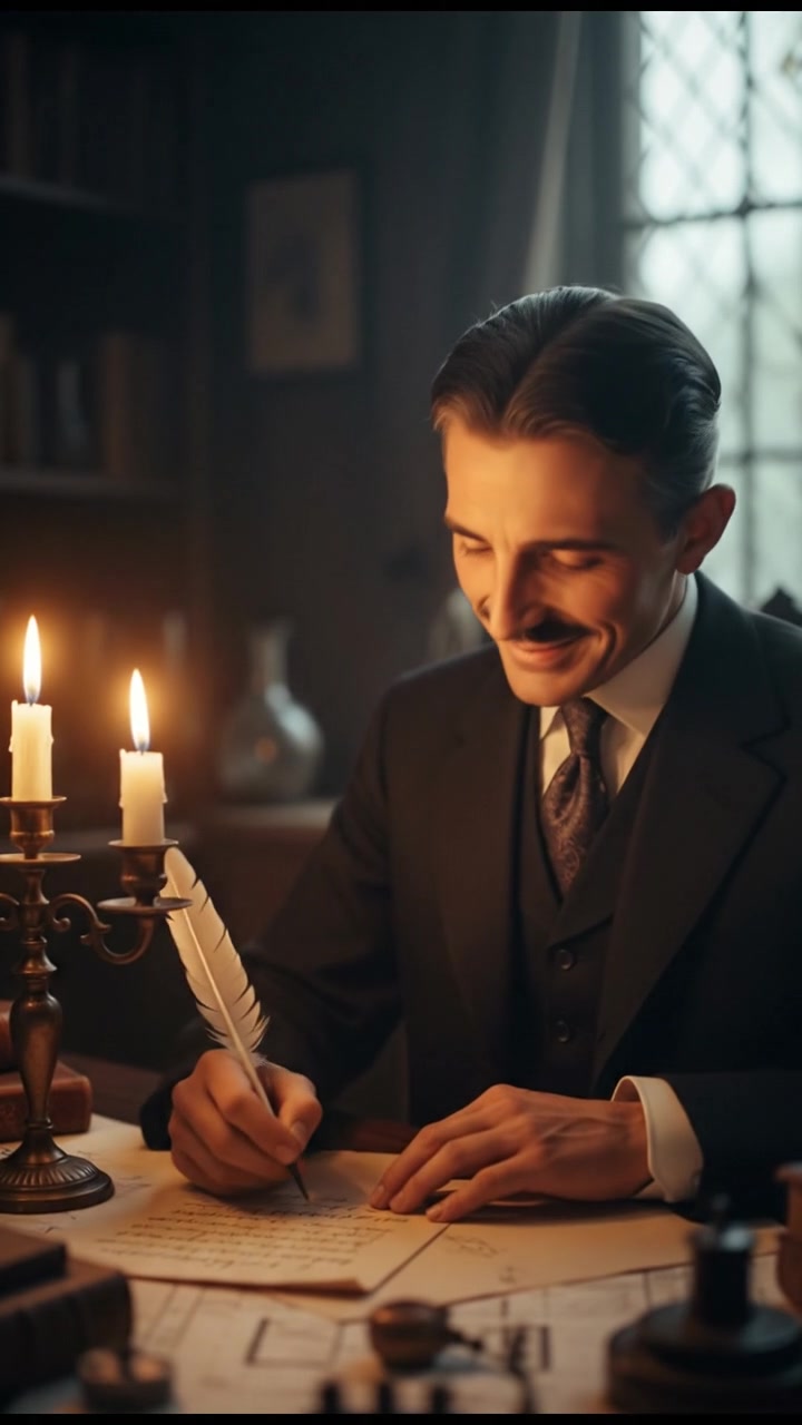 writing a love letter by candlelight, smiling, face illuminated by candlelight