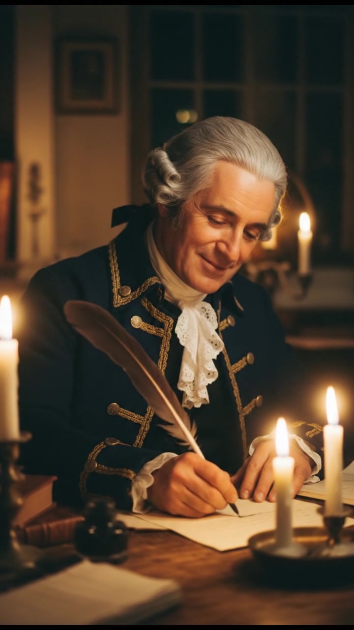 writing a love letter by candlelight, smiling, face illuminated by candlelight