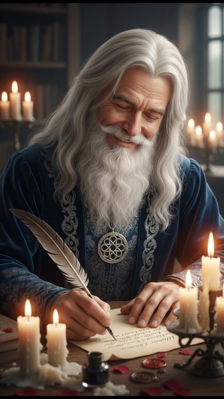 writing a love letter by candlelight, smiling, face illuminated by candlelight
