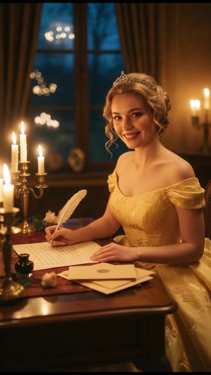 writing a love letter by candlelight, smiling, face illuminated by candlelight