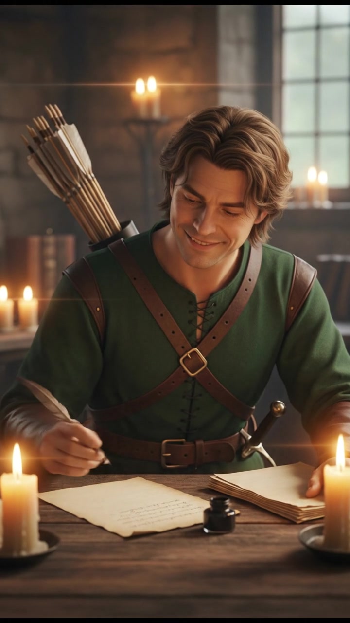 writing a love letter by candlelight, smiling, face illuminated by candlelight