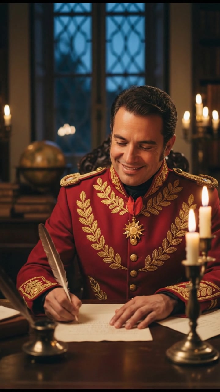 writing a love letter by candlelight, smiling, face illuminated by candlelight