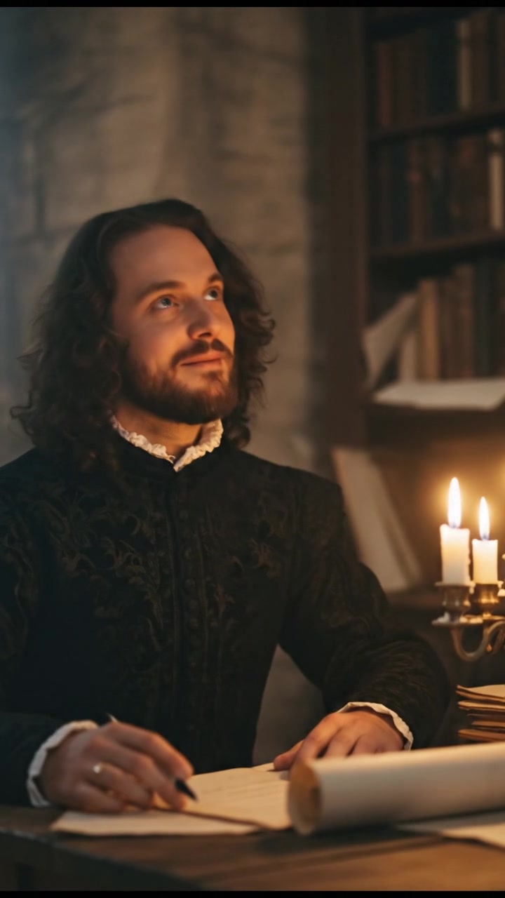 writing a love letter by candlelight, smiling, face illuminated by candlelight