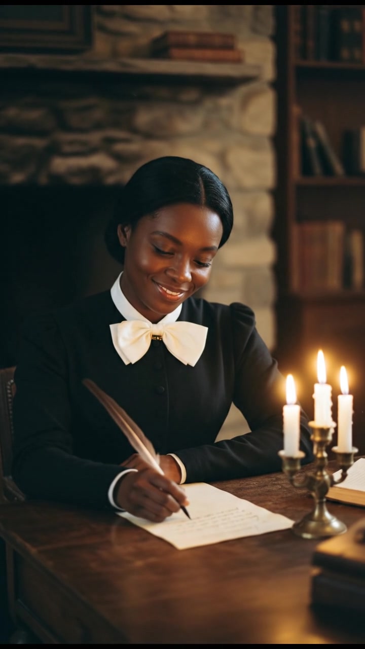 writing a love letter by candlelight, smiling, face illuminated by candlelight