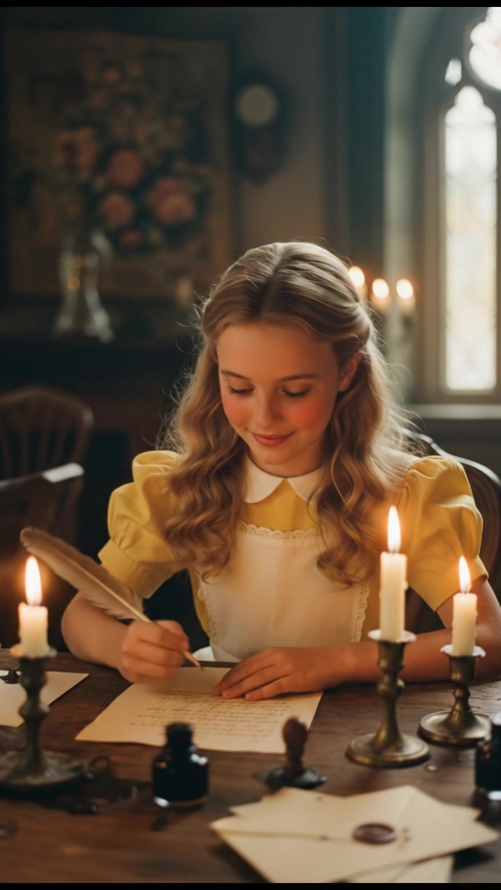 writing a love letter by candlelight, smiling, face illuminated by candlelight