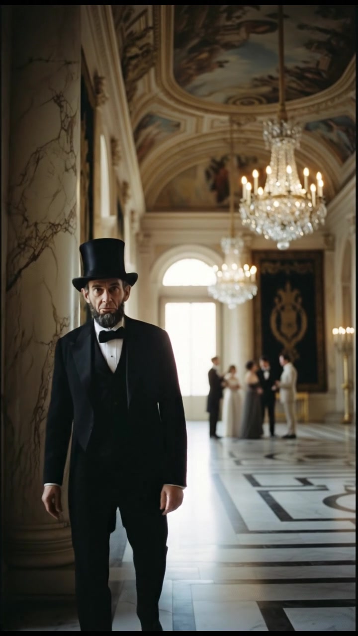 entering a grand hall where they shouldn’t be seen, elegant and tense