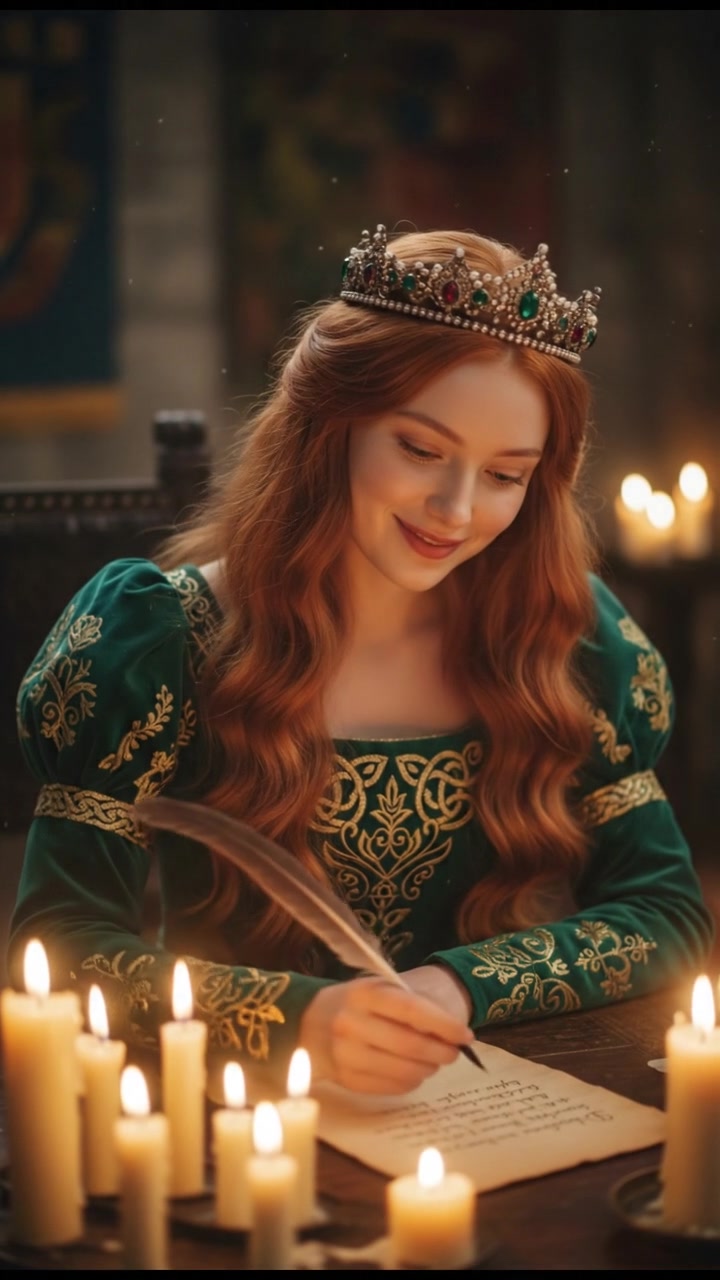 writing a love letter by candlelight, smiling, face illuminated by candlelight