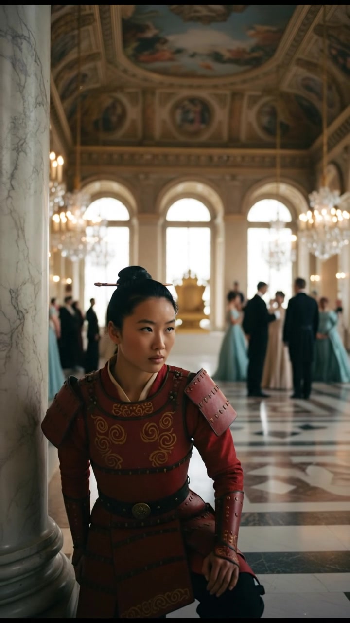 entering a grand hall where they shouldn’t be seen, elegant and tense