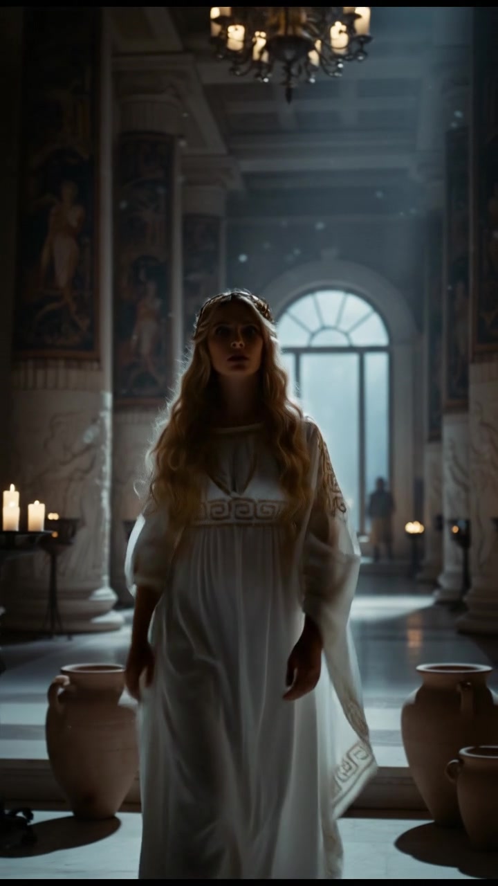 entering a grand hall where they shouldn’t be seen, elegant and tense