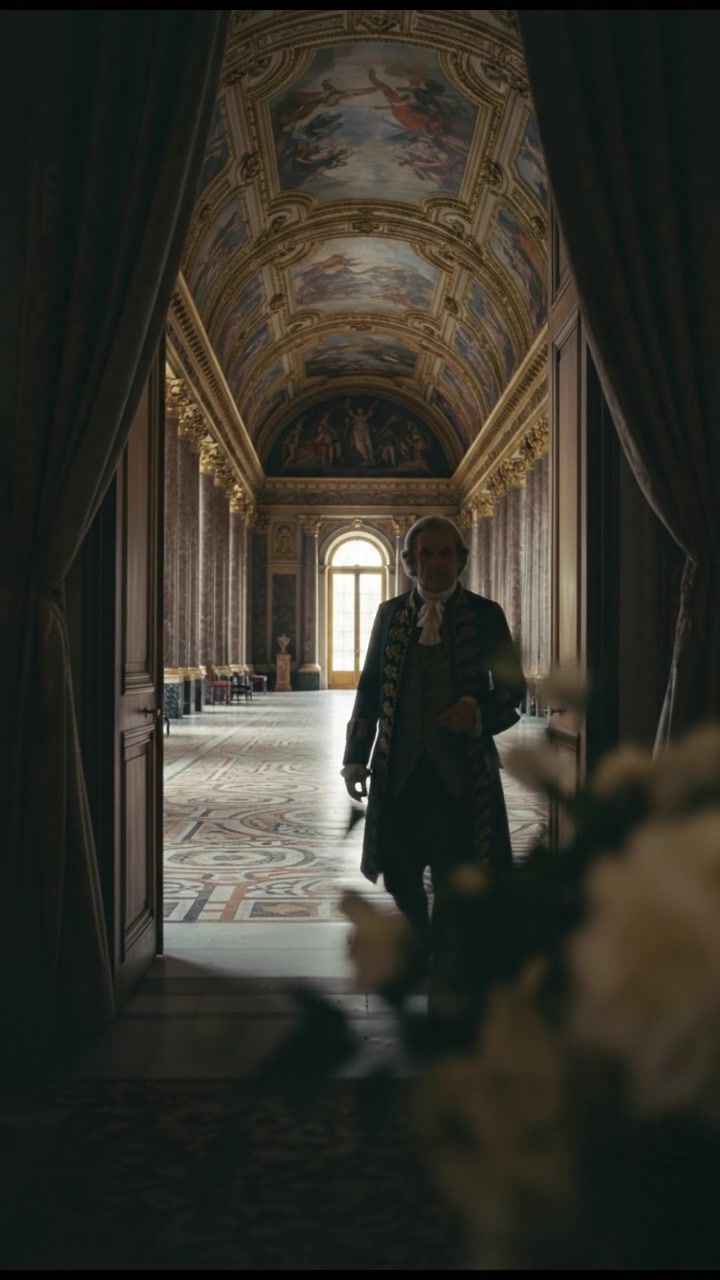 entering a grand hall where they shouldn’t be seen, elegant and tense