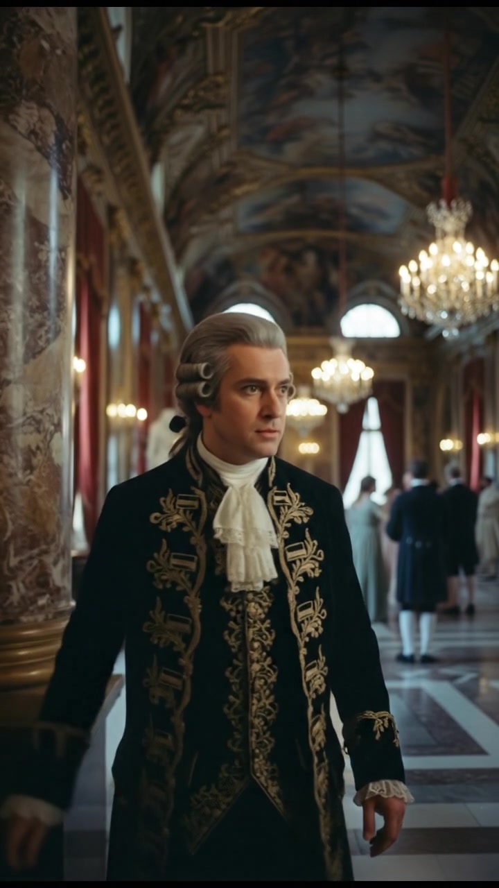 entering a grand hall where they shouldn’t be seen, elegant and tense