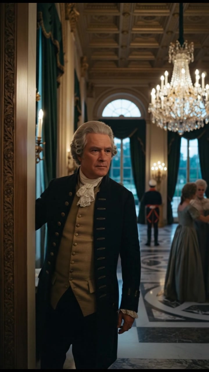 entering a grand hall where they shouldn’t be seen, elegant and tense