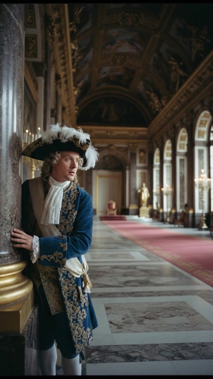 entering a grand hall where they shouldn’t be seen, elegant and tense