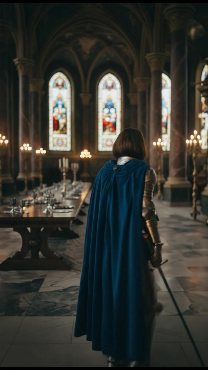 entering a grand hall where they shouldn’t be seen, elegant and tense