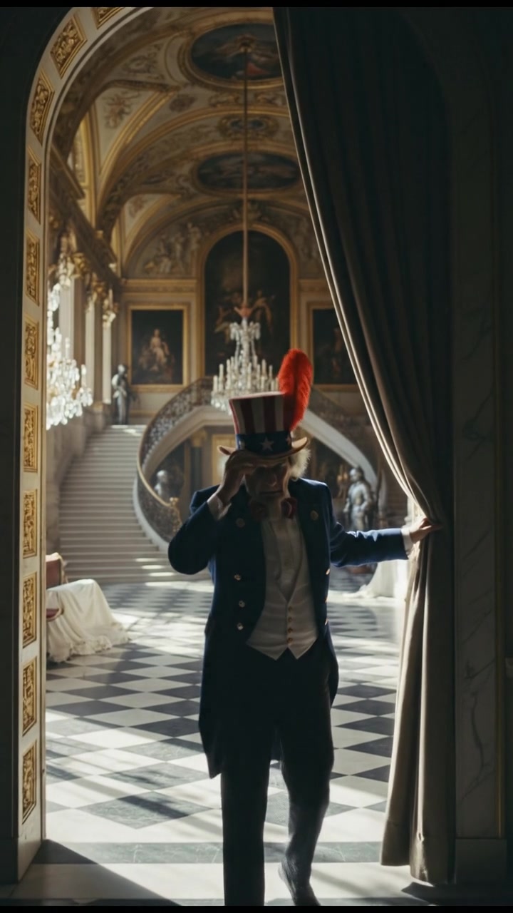 entering a grand hall where they shouldn’t be seen, elegant and tense