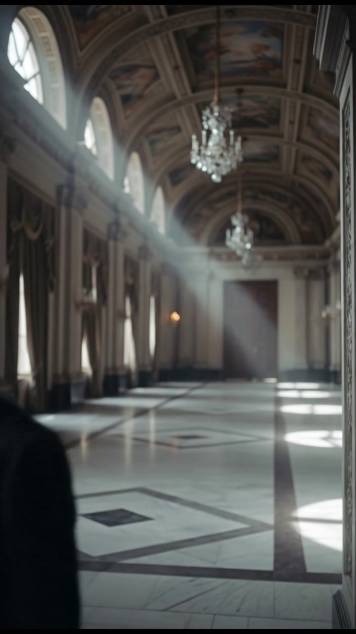 entering a grand hall where they shouldn’t be seen, elegant and tense