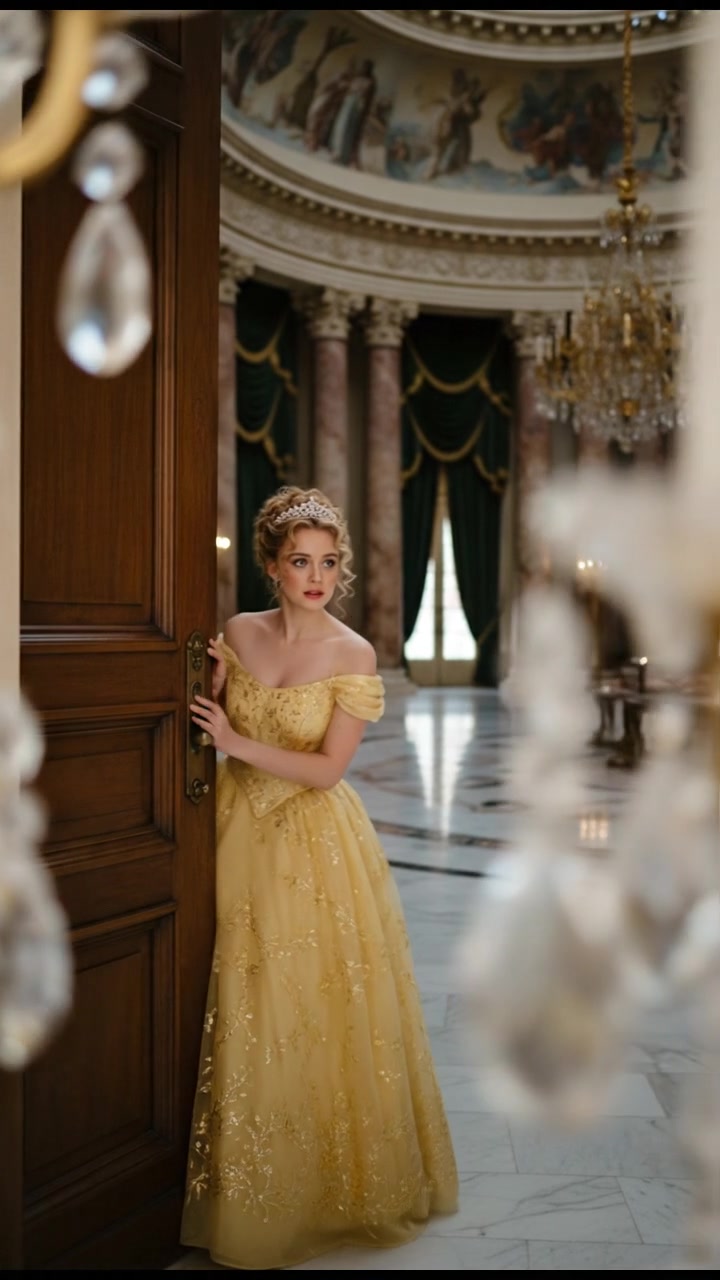 entering a grand hall where they shouldn’t be seen, elegant and tense