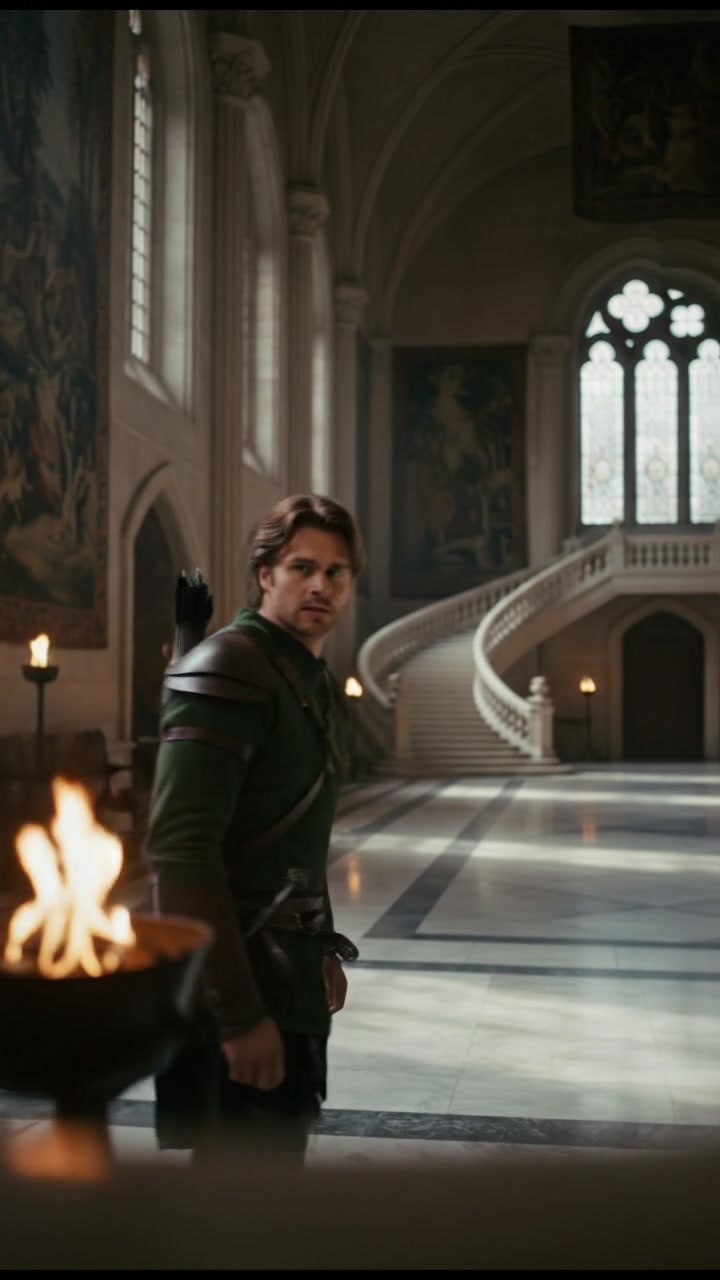 entering a grand hall where they shouldn’t be seen, elegant and tense