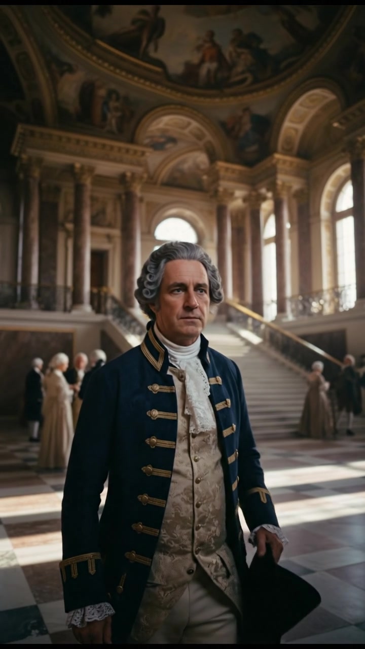 entering a grand hall where they shouldn’t be seen, elegant and tense