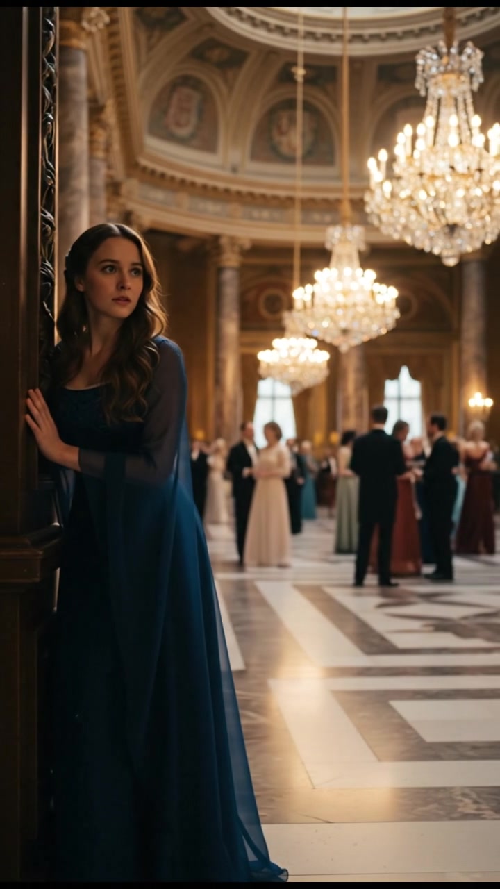 entering a grand hall where they shouldn’t be seen, elegant and tense