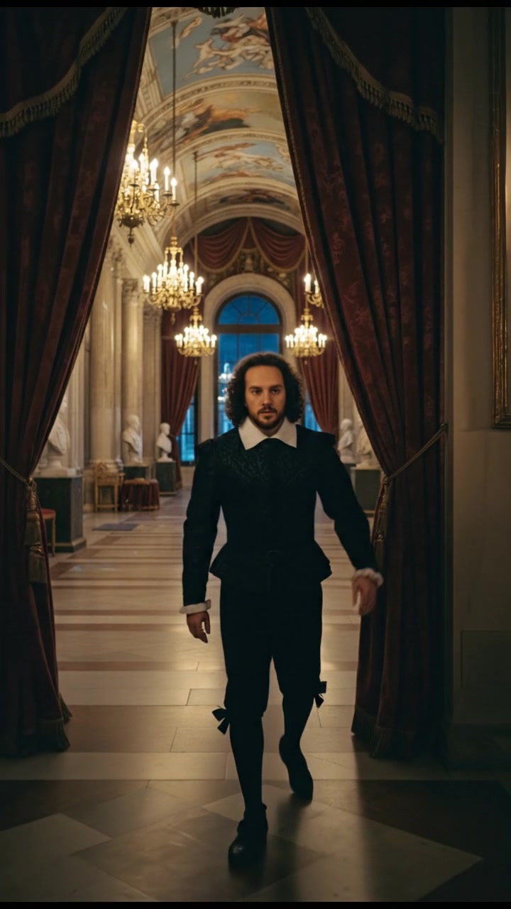 entering a grand hall where they shouldn’t be seen, elegant and tense