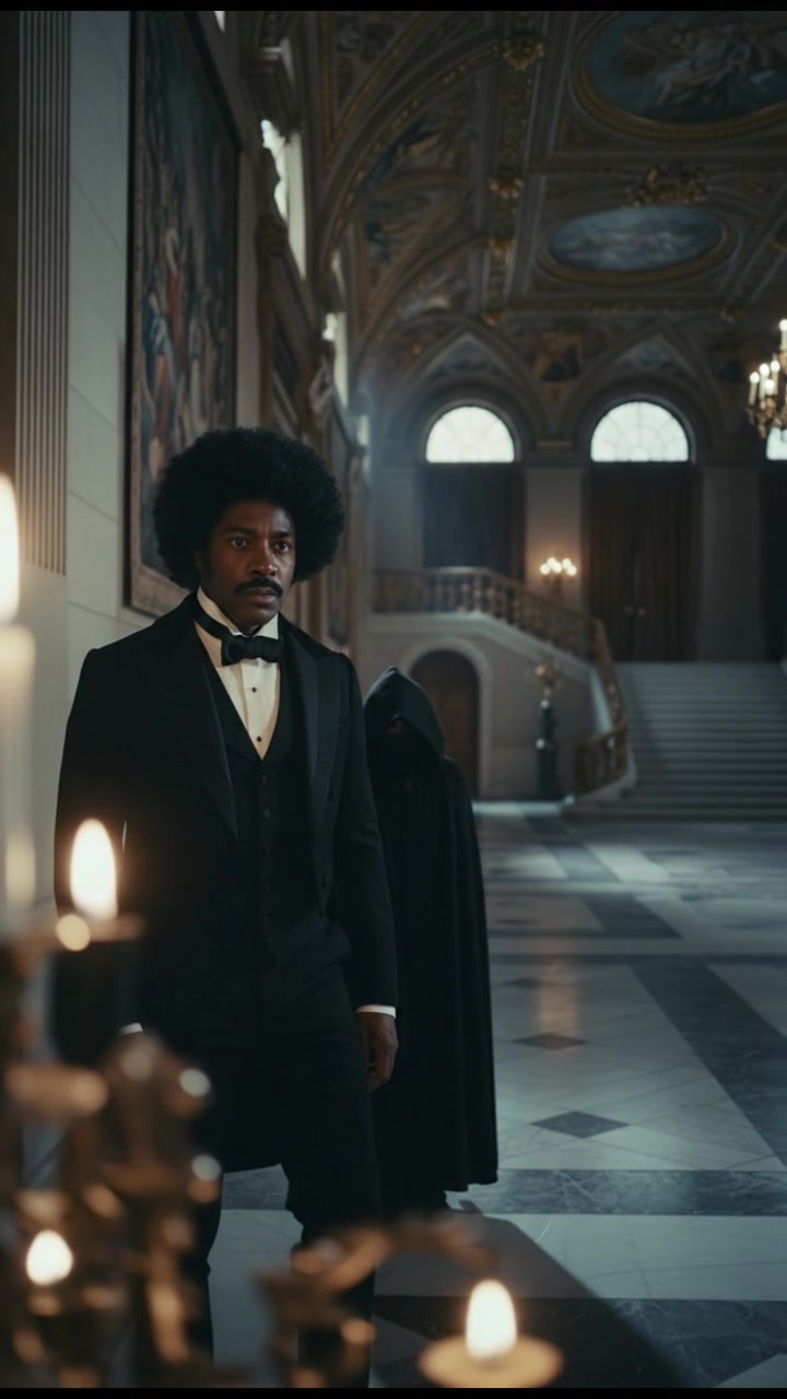 entering a grand hall where they shouldn’t be seen, elegant and tense