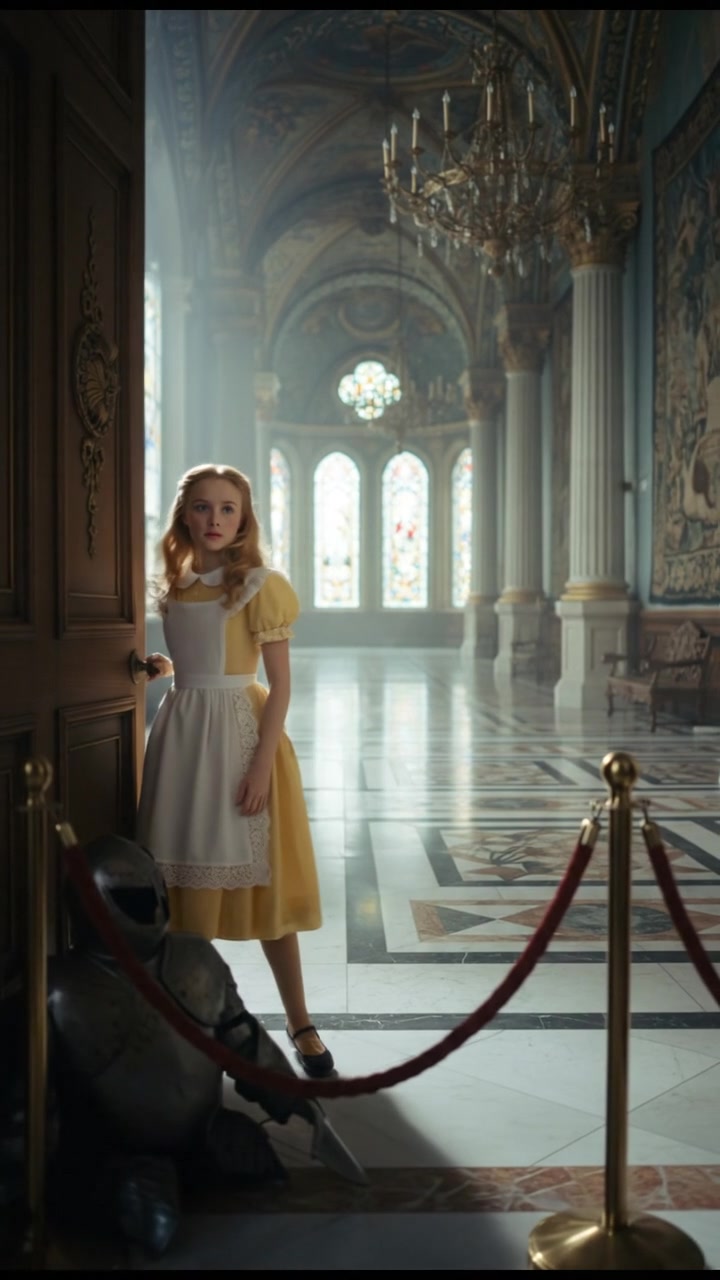 entering a grand hall where they shouldn’t be seen, elegant and tense