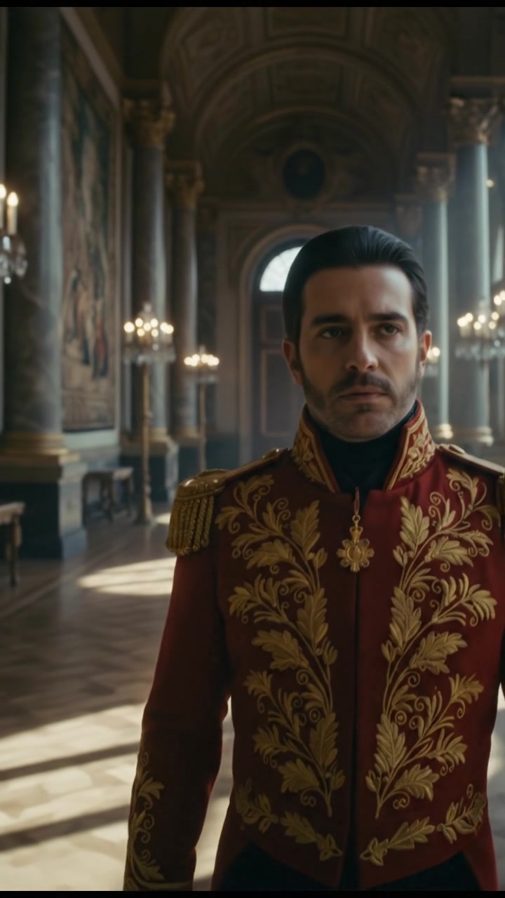 entering a grand hall where they shouldn’t be seen, elegant and tense