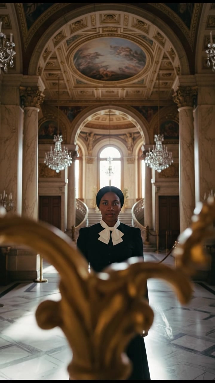 entering a grand hall where they shouldn’t be seen, elegant and tense