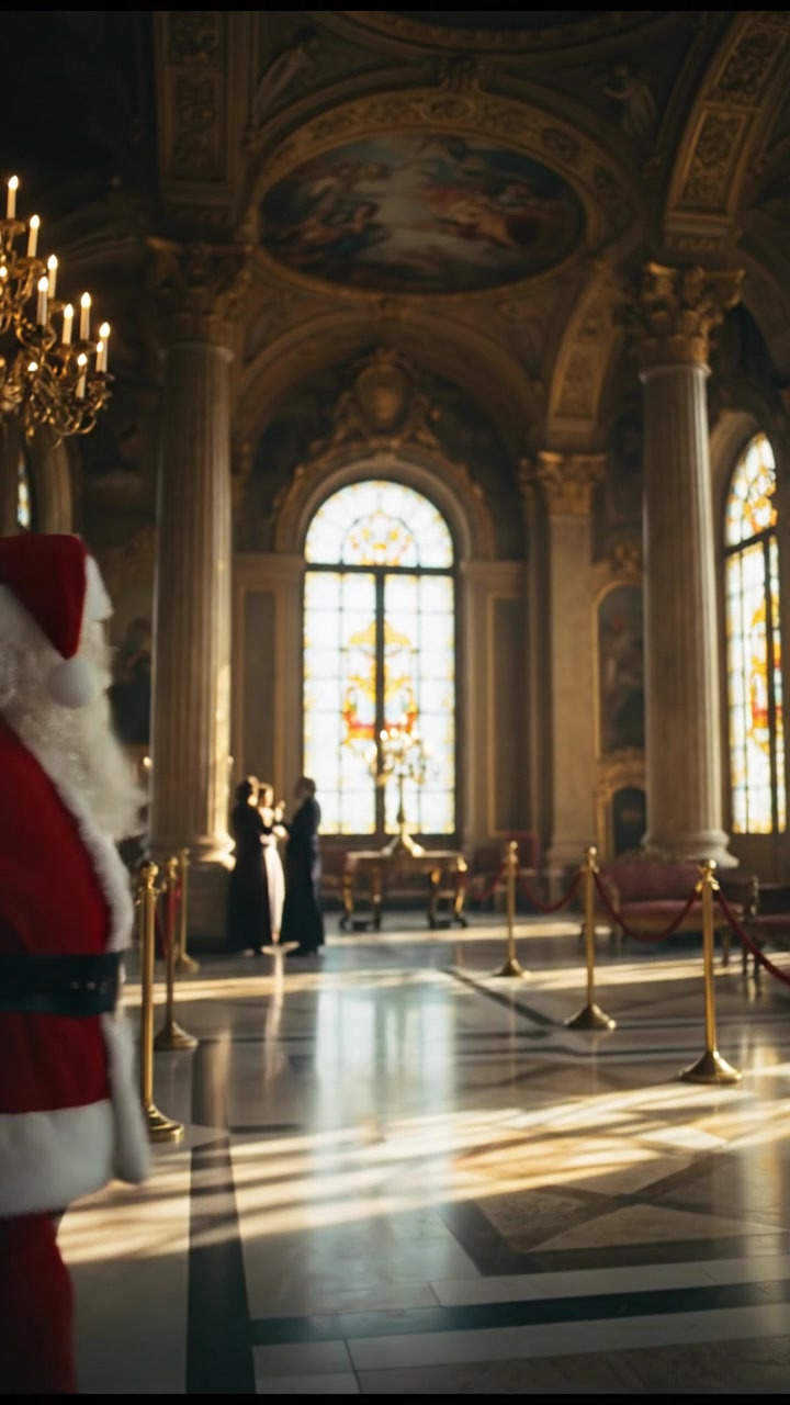 entering a grand hall where they shouldn’t be seen, elegant and tense