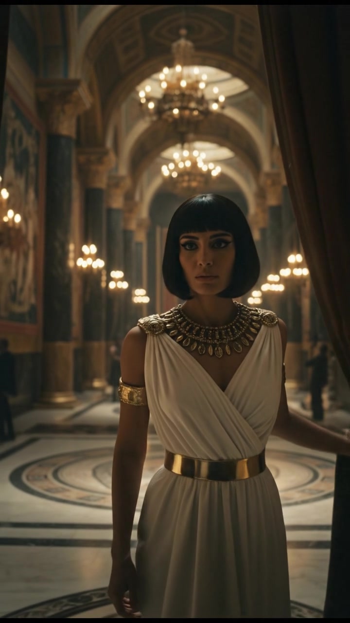 entering a grand hall where they shouldn’t be seen, elegant and tense