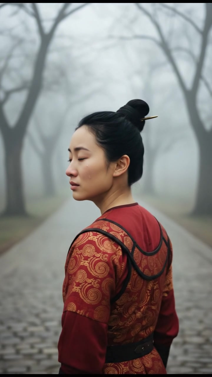 looking back over the shoulder, walking down a misty road, heartbreak in their eyes