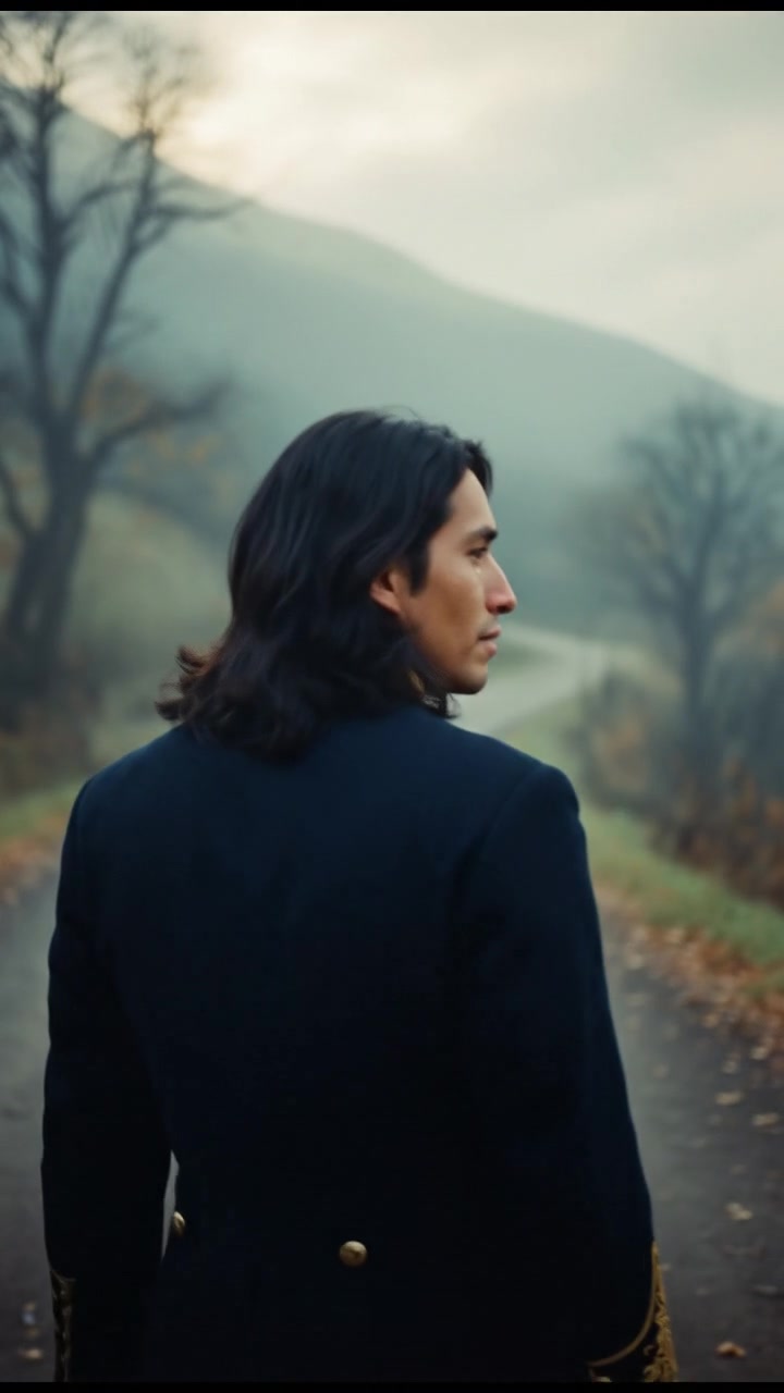 looking back over the shoulder, walking down a misty road, heartbreak in their eyes