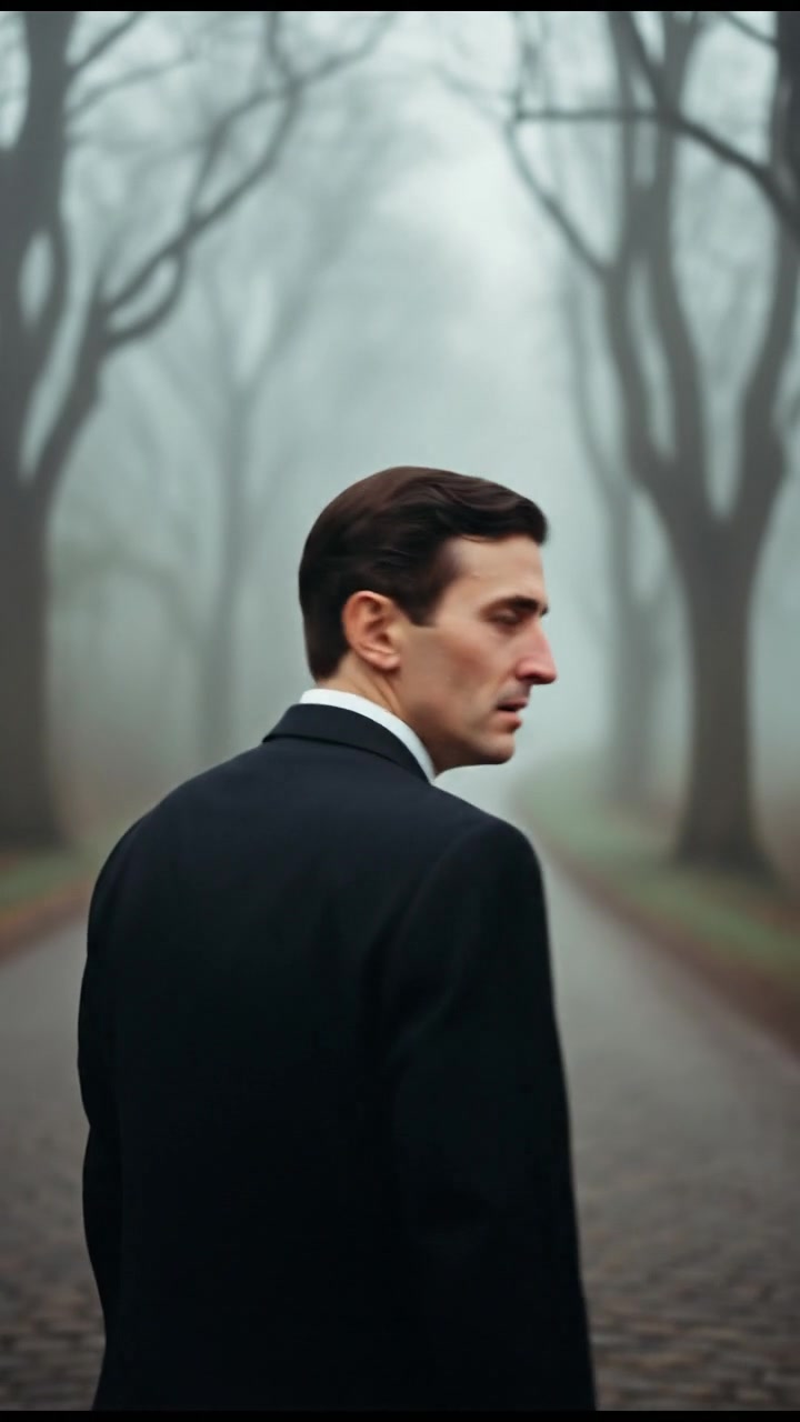 looking back over the shoulder, walking down a misty road, heartbreak in their eyes