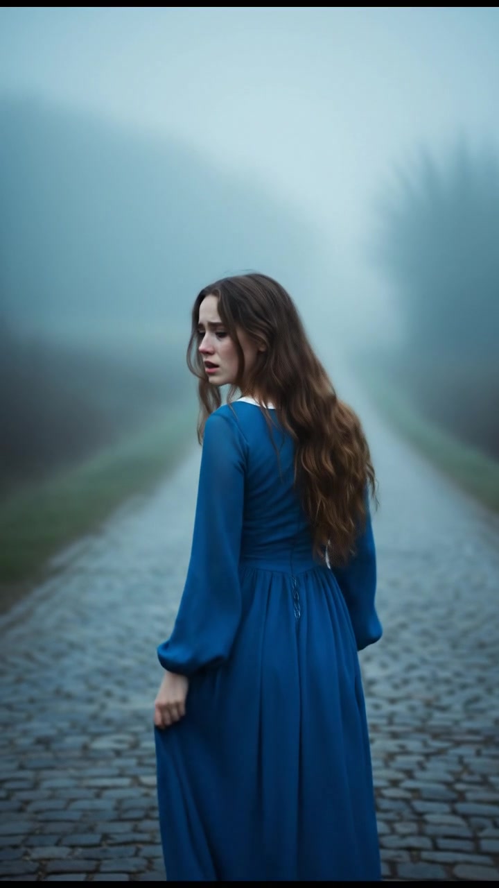 looking back over the shoulder, walking down a misty road, heartbreak in their eyes