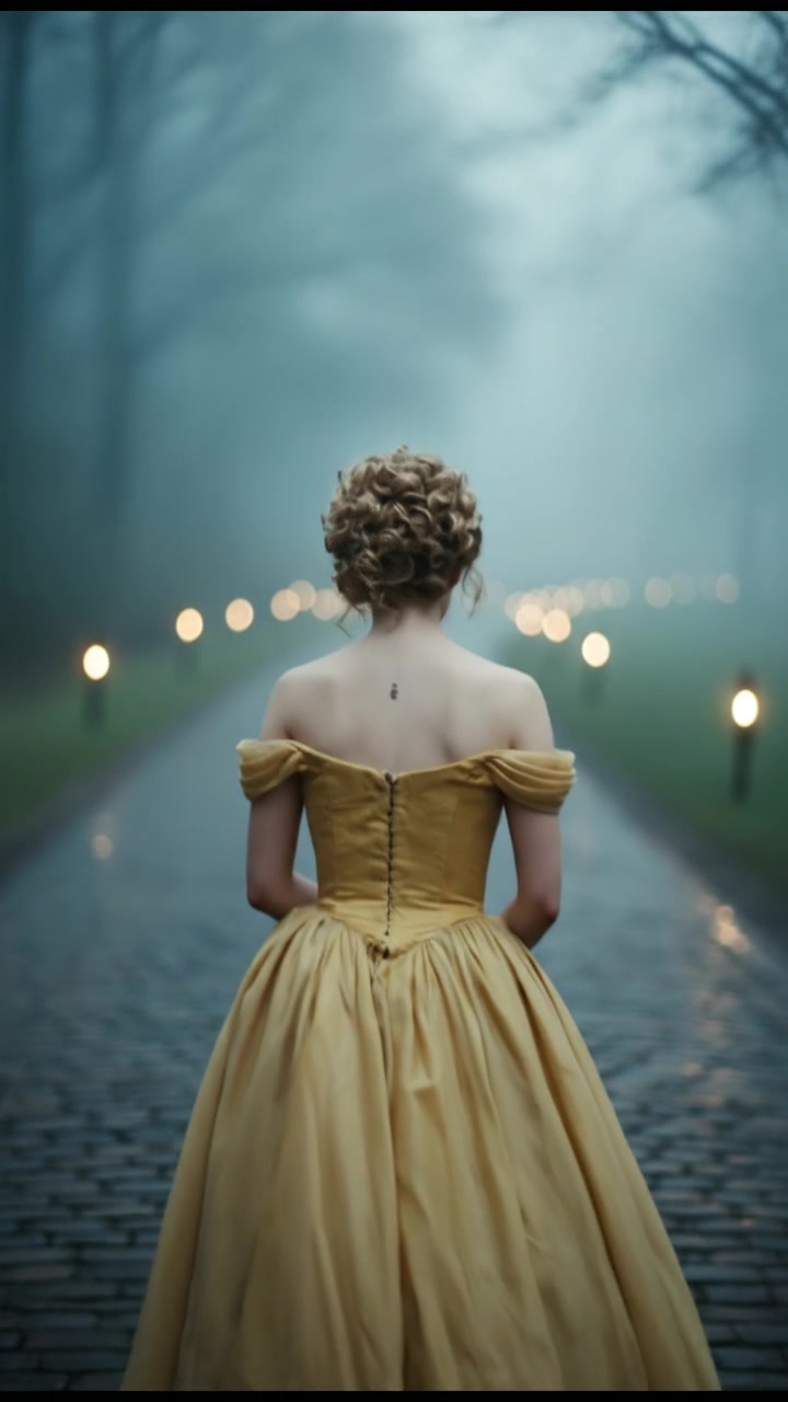 looking back over the shoulder, walking down a misty road, heartbreak in their eyes