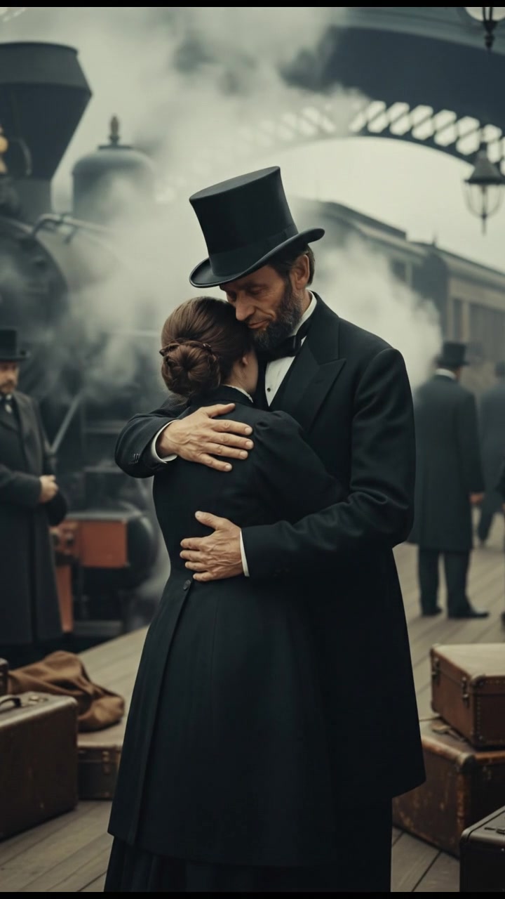 meeting at a train station before a painful goodbye, steam rising all around