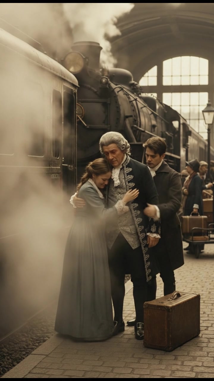 meeting at a train station before a painful goodbye, steam rising all around