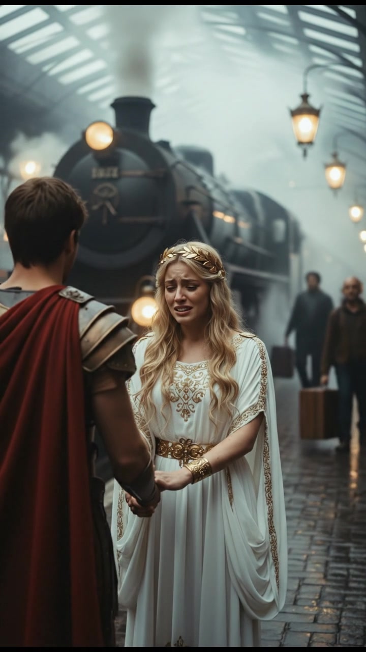 meeting at a train station before a painful goodbye, steam rising all around