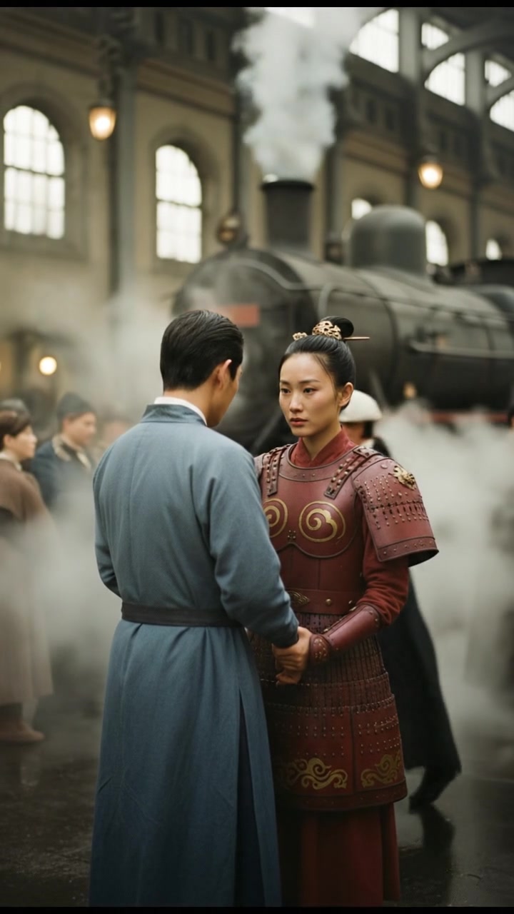 meeting at a train station before a painful goodbye, steam rising all around