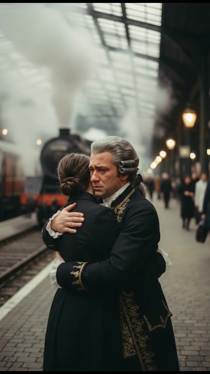meeting at a train station before a painful goodbye, steam rising all around
