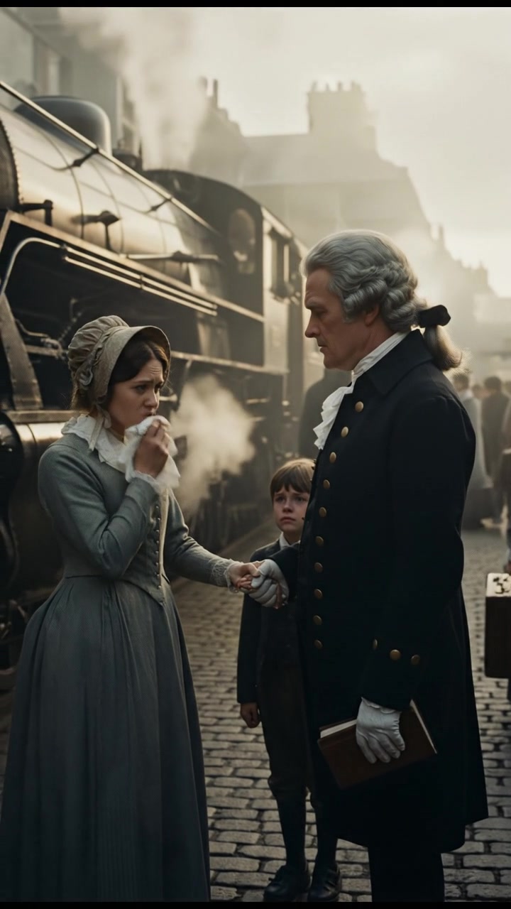 meeting at a train station before a painful goodbye, steam rising all around