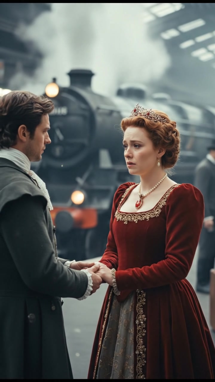 meeting at a train station before a painful goodbye, steam rising all around