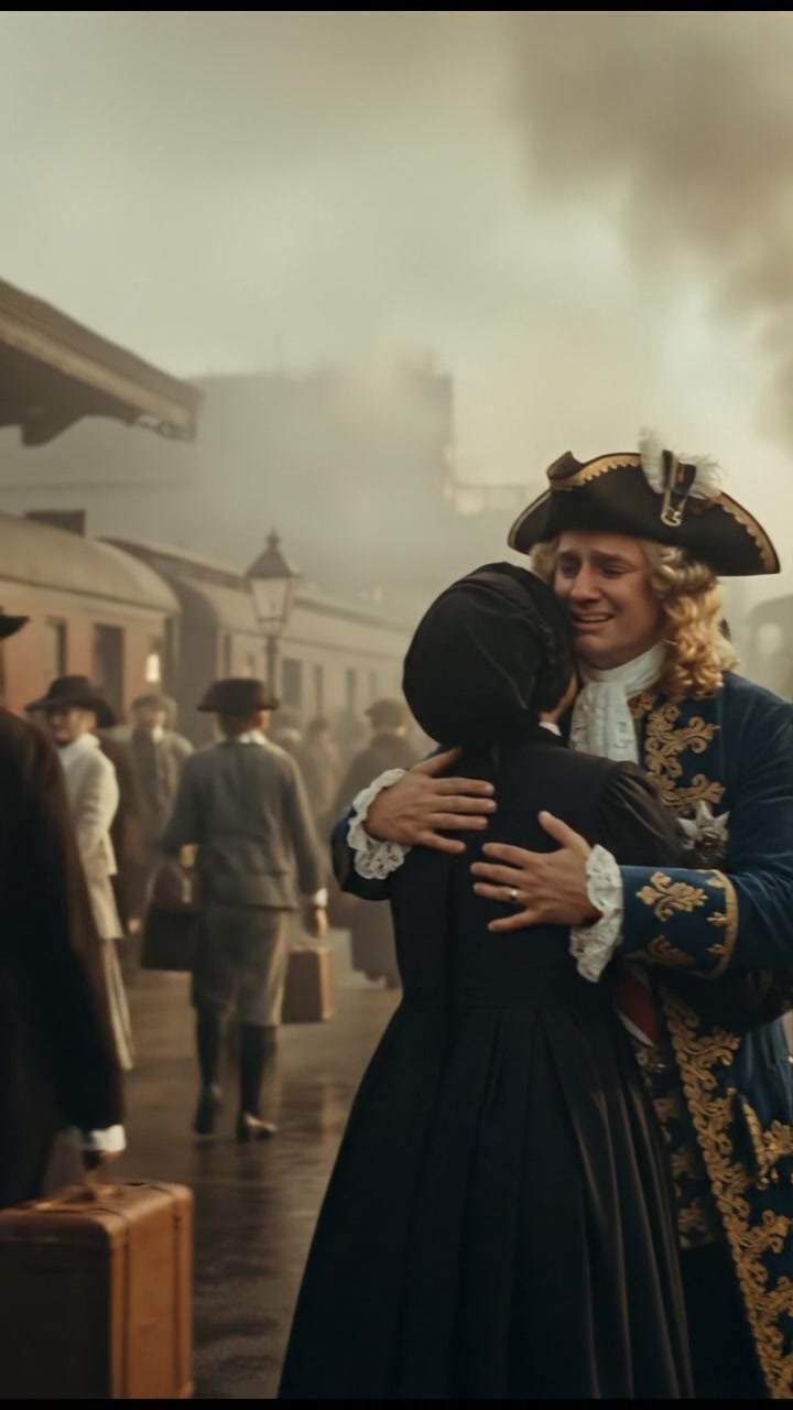 meeting at a train station before a painful goodbye, steam rising all around