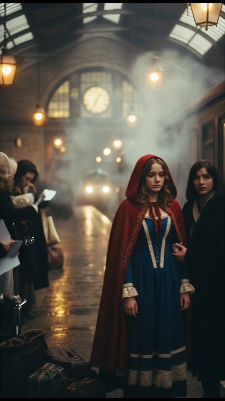 meeting at a train station before a painful goodbye, steam rising all around